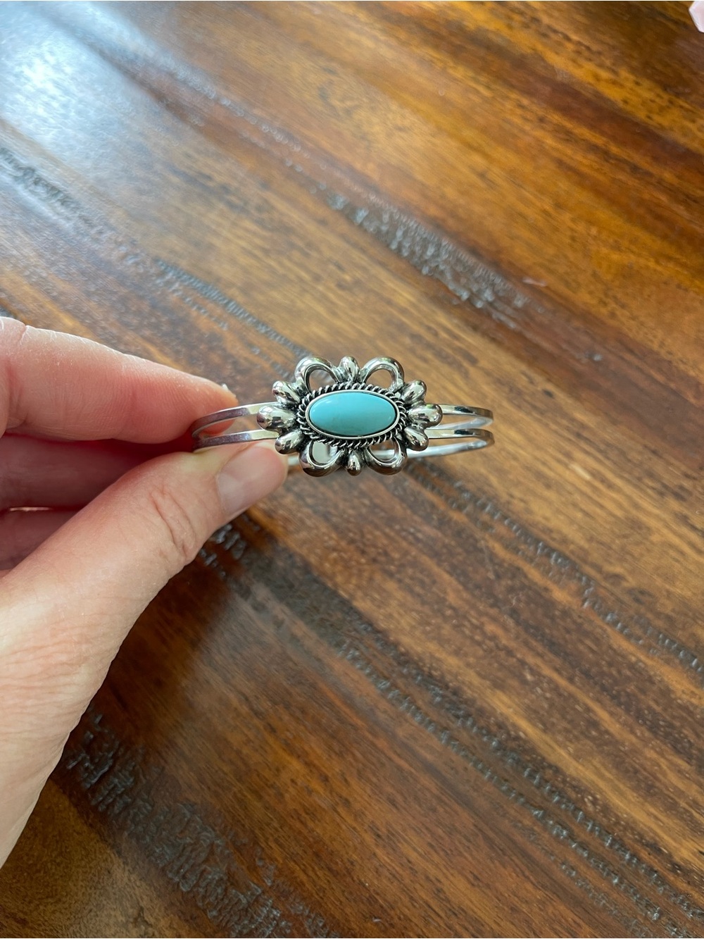 Silver Turquoise Oval Flower Cuff Bracelet - Women's Jewelry